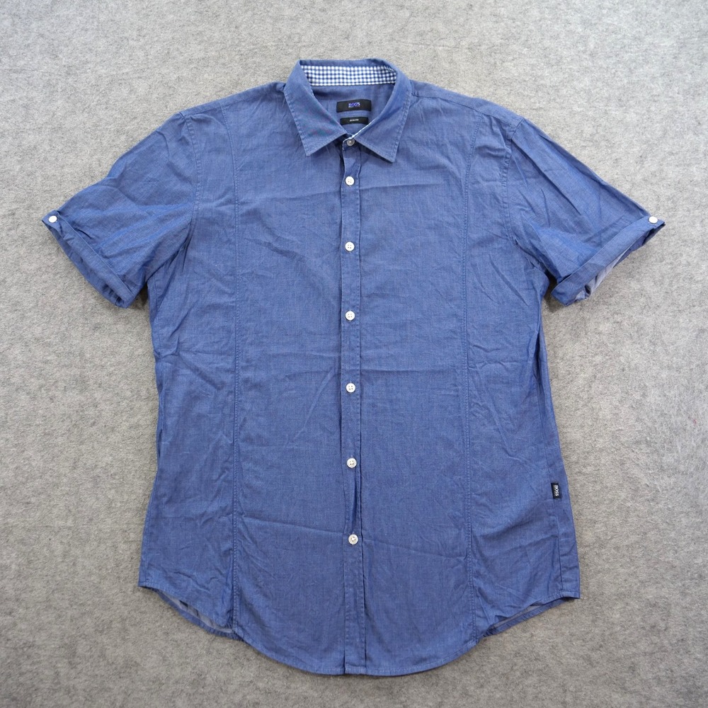Hugo Boss Shirt Mens Large Blue Short Sleeve Button Chambray Slim Fit Cotton